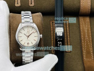 TWS Factory Replica Omega Seamaster Aqua Terra SS White Dial Diamond Bezel Ladies Watch 34mm